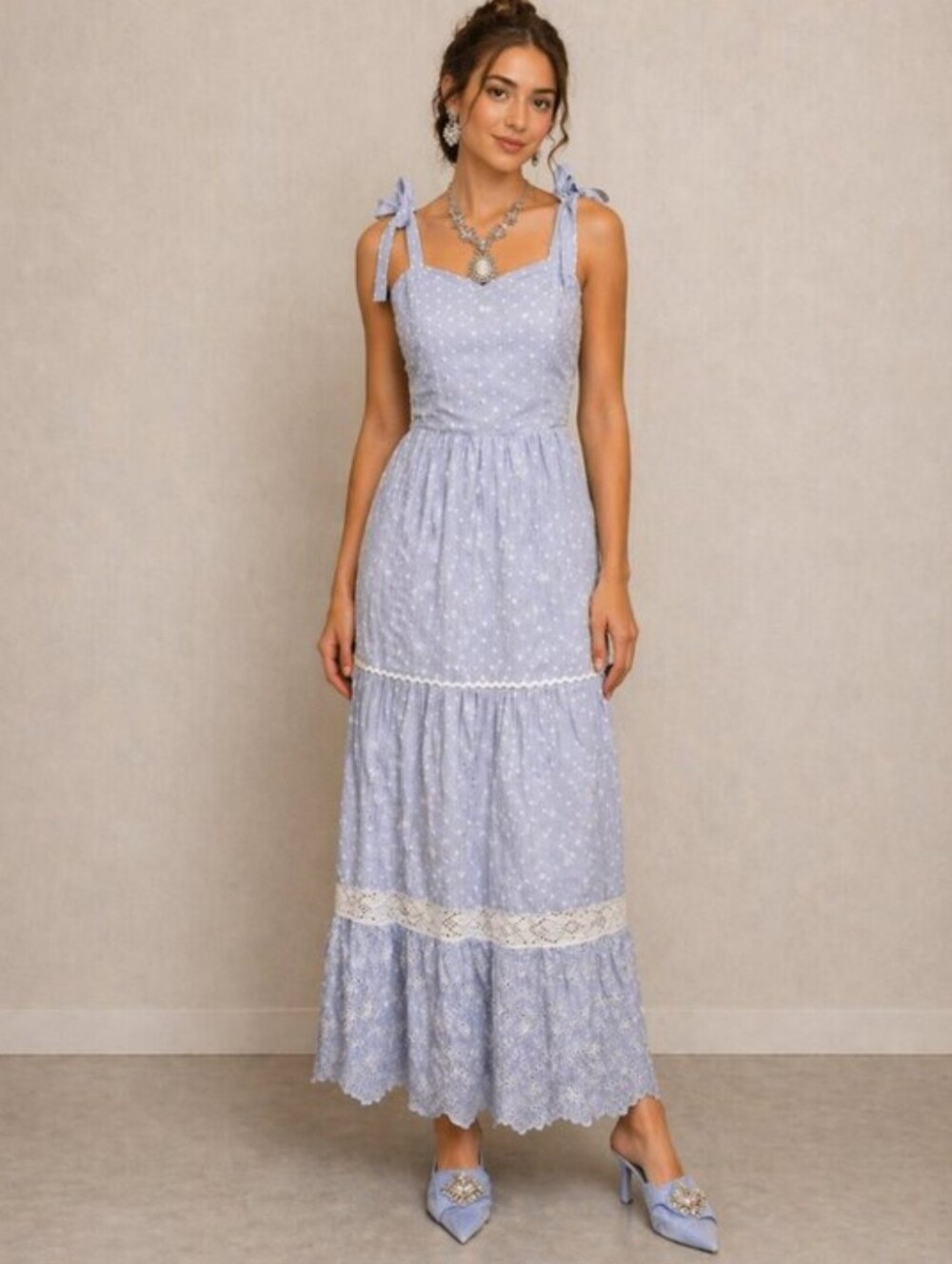 Shabby Chic Eyelet Dobby Maxi Dress 4 Blue Cottagecore